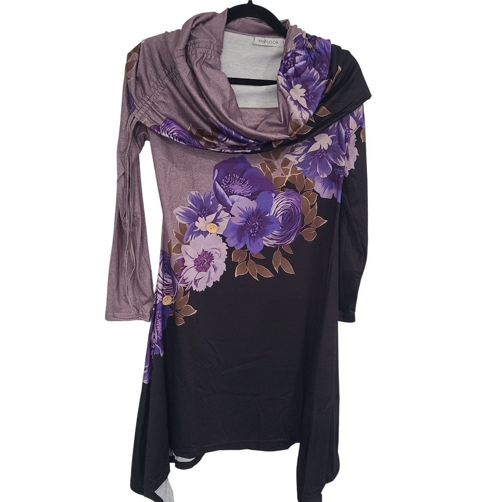 Misslook Purple Floral Cotton Cowl Neck Dress Small Mauve Black
